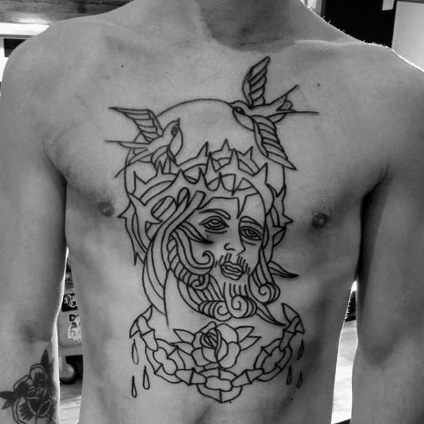 Manly Traditional Jesus Chains With Sparrows Mens Chest Tattoo