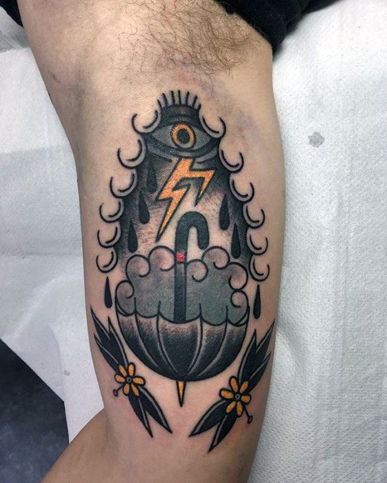 Manly Traditional Storm Umbrella Tattoo Design Ideas For Men On Inner Arm Bicep