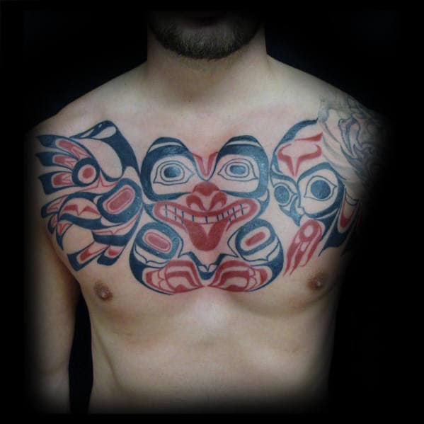 Manly Tribal Owl Upper Chest Black And Red Ink Tattoo Design Ideas