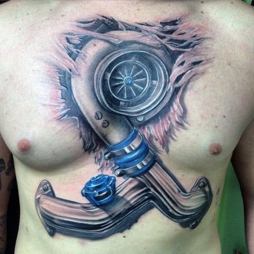 Hyper-realistic turbocharger tattoo on the chest with a ripped skin effect, metallic detailing, and blue accents, symbolizing speed, power, and automotive passion.