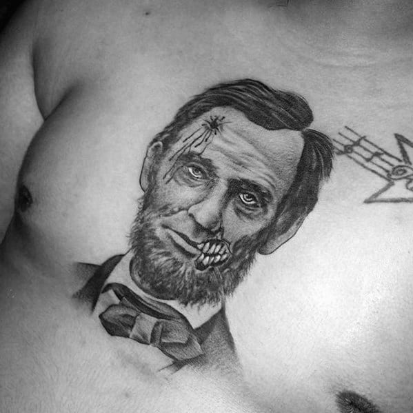 Zombie-like tattoo of Abraham Lincoln on a person's chest