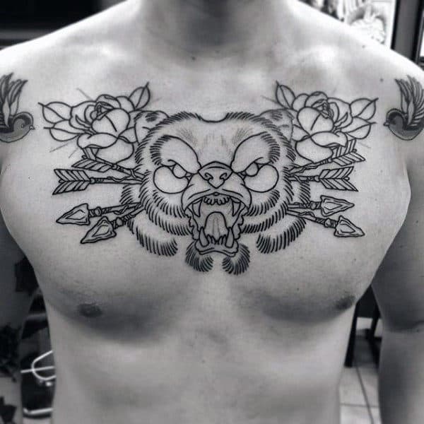 Manly Upper Chest Traditional Arrows And Rose Flowers Tattoo Ideas For Men