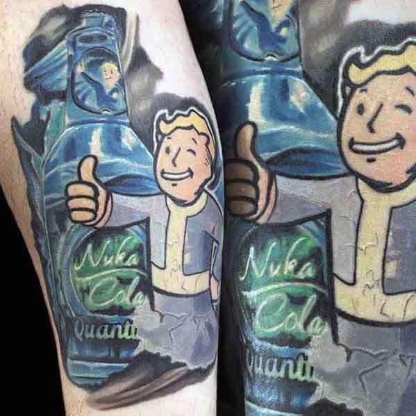 Vault Boy tattoo with a cracked effect, holding a thumbs-up beside a glowing Nuka-Cola Quantum bottle in electric blue tones.