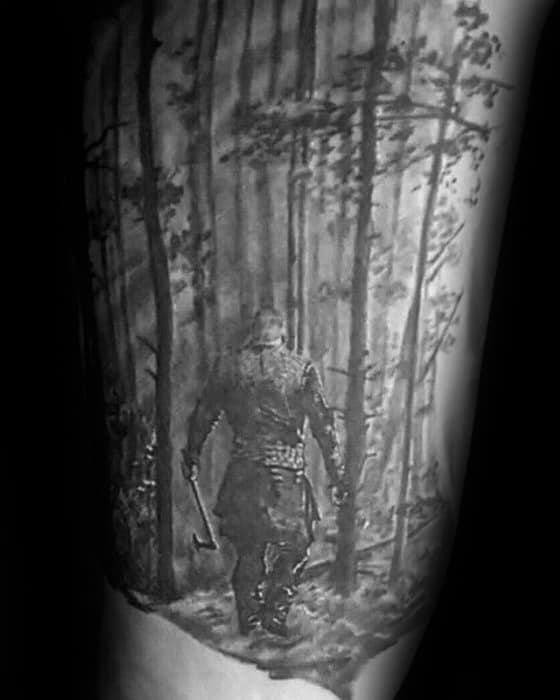 Manly Vikings Ragnar Walking In The Woods Arm Tattoo Design Ideas For Men