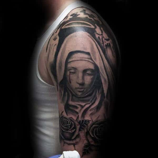 Manly Virgin Mary Half Sleeve Tattoo For Guys