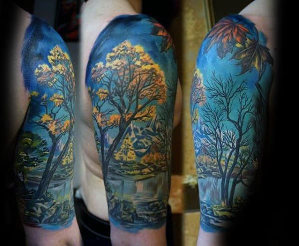 Manly Watercolor Nature Landscape Mens Fall Half Sleeve Tattoo