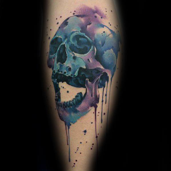 Manly Watercolor Skull Tattoo Design Ideas For Men On Leg