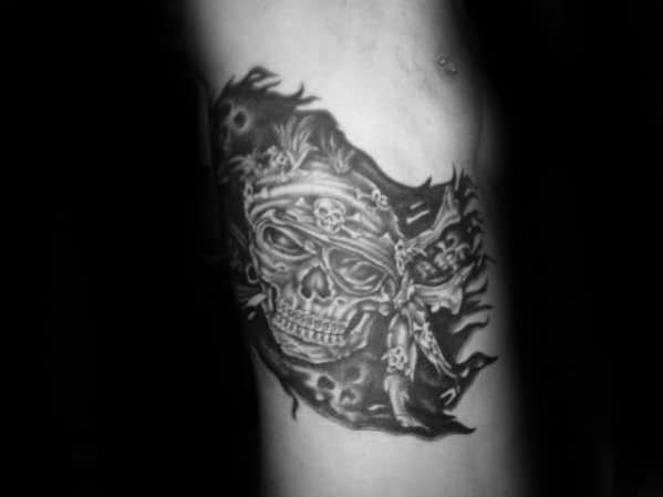 Manly Weathered Pirate Flag Guys Rib Cage Side Tattoo Design Ideas