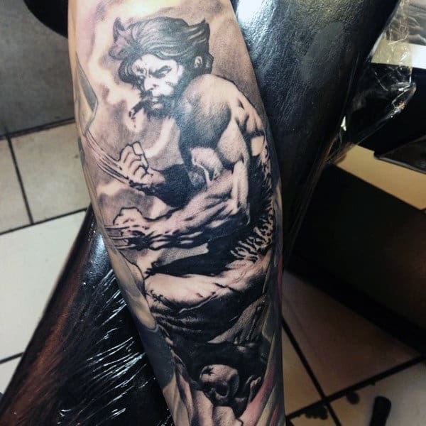 Manly Wolverine Guys Shaded Forearm Sleeve Tattoo