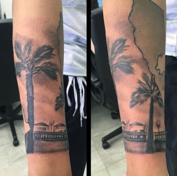 Mans Legs Dark Palm Tree Tattoo