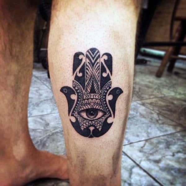Maori Hand Tattoo Design On Mans Back Of Leg Calf