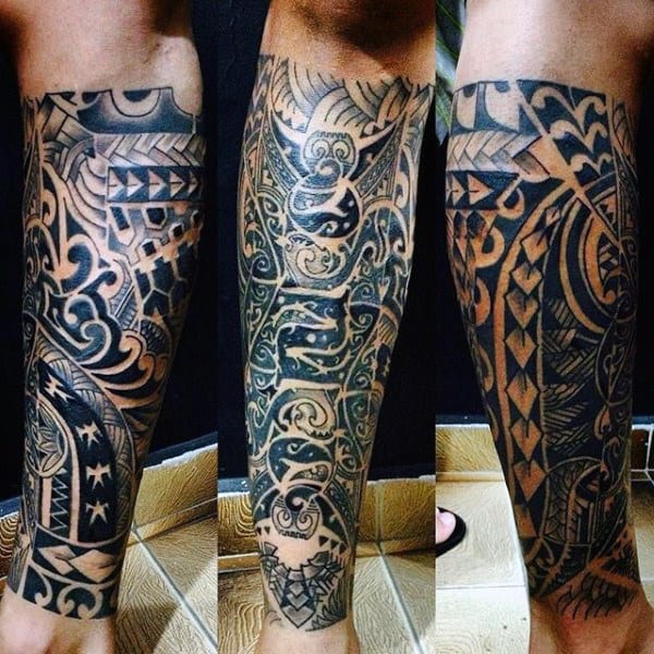 Maori Tribe Tattoo On Mans Lower Leg Half Sleeve