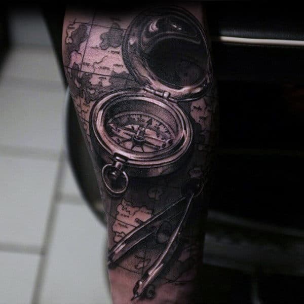 Map And Compass Detailed Guys Forearm Sleeve Tattoos