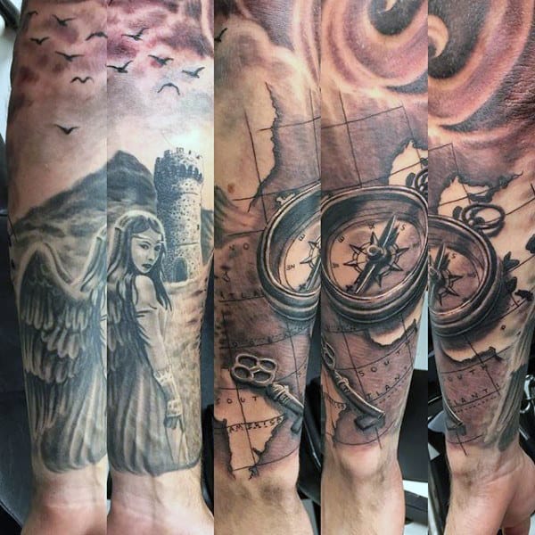 Map And Compass Key Tattoo For Guys On Forearm