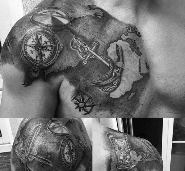 Black and grey world map tattoo with an anchor, compass, and nautical elements