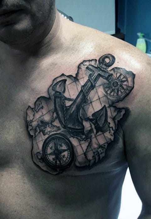 Map With Anchor Guys Chest Tattoos