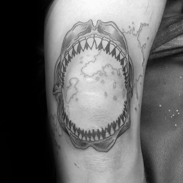Map With Shark Jaw Guys Knee Tattoos