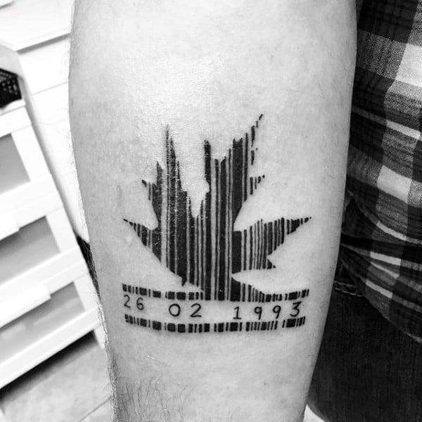 Maple Leaf Barcode Birthday Mens Tattoo On Arm