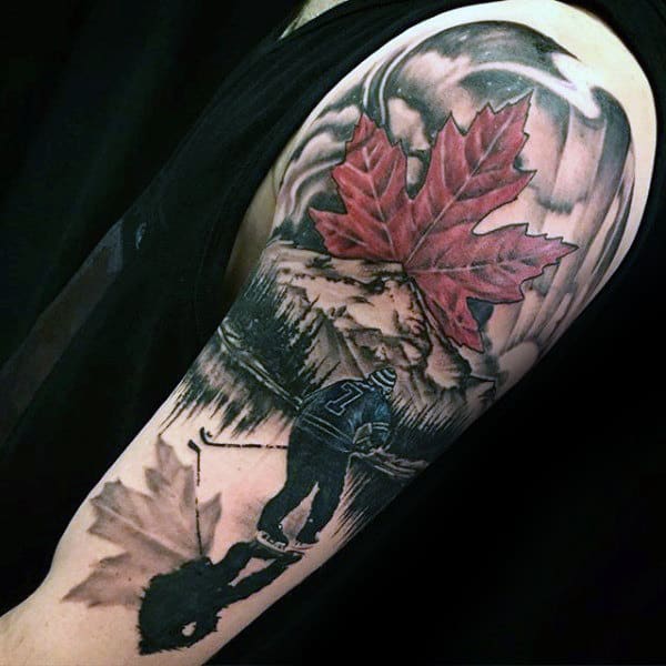 Maple Leaf Mens Hockey Player On Ice Guys Arm Tattoos