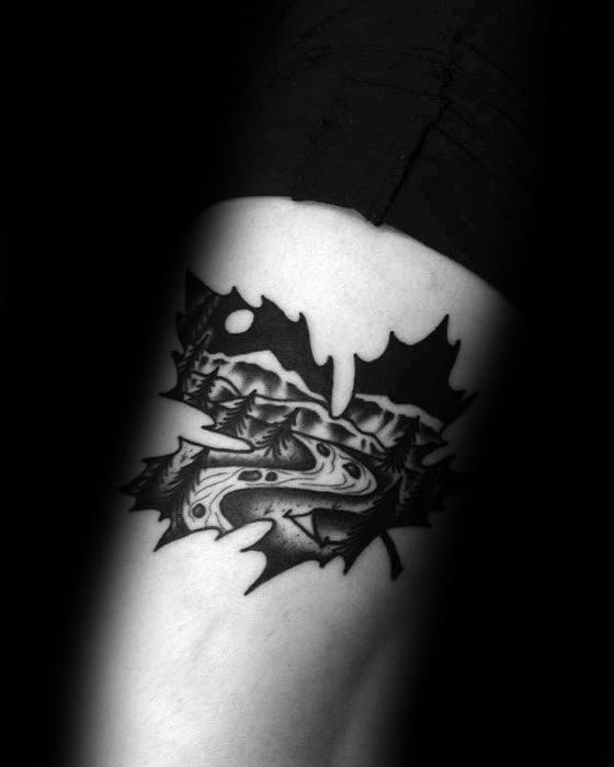 Maple Leaf With River Mens Smalll Unique Arm Tattoos