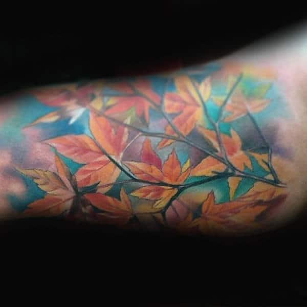 Maple Leaves On Tree Branch Guys Bicep Tattoos