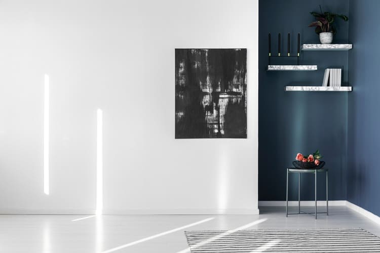 marble corner open wall shelving blue wall