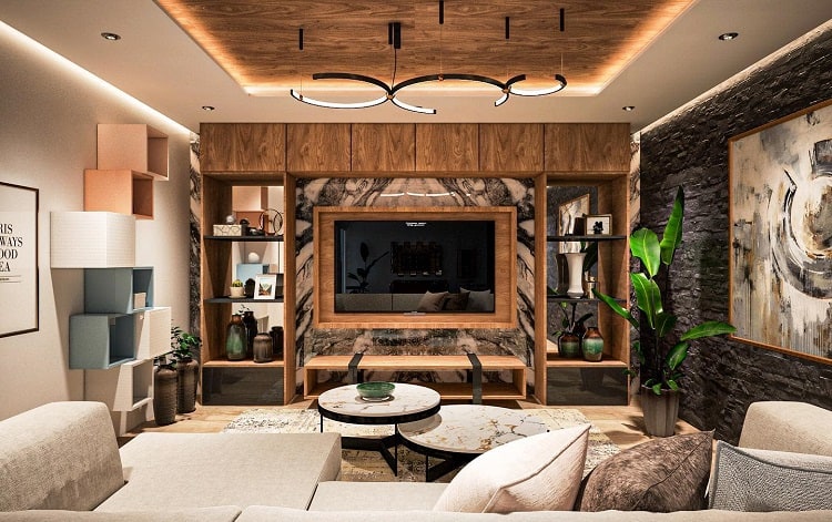 luxury living room marble wall mounted tv wood cabinets gray coch box wall storage 