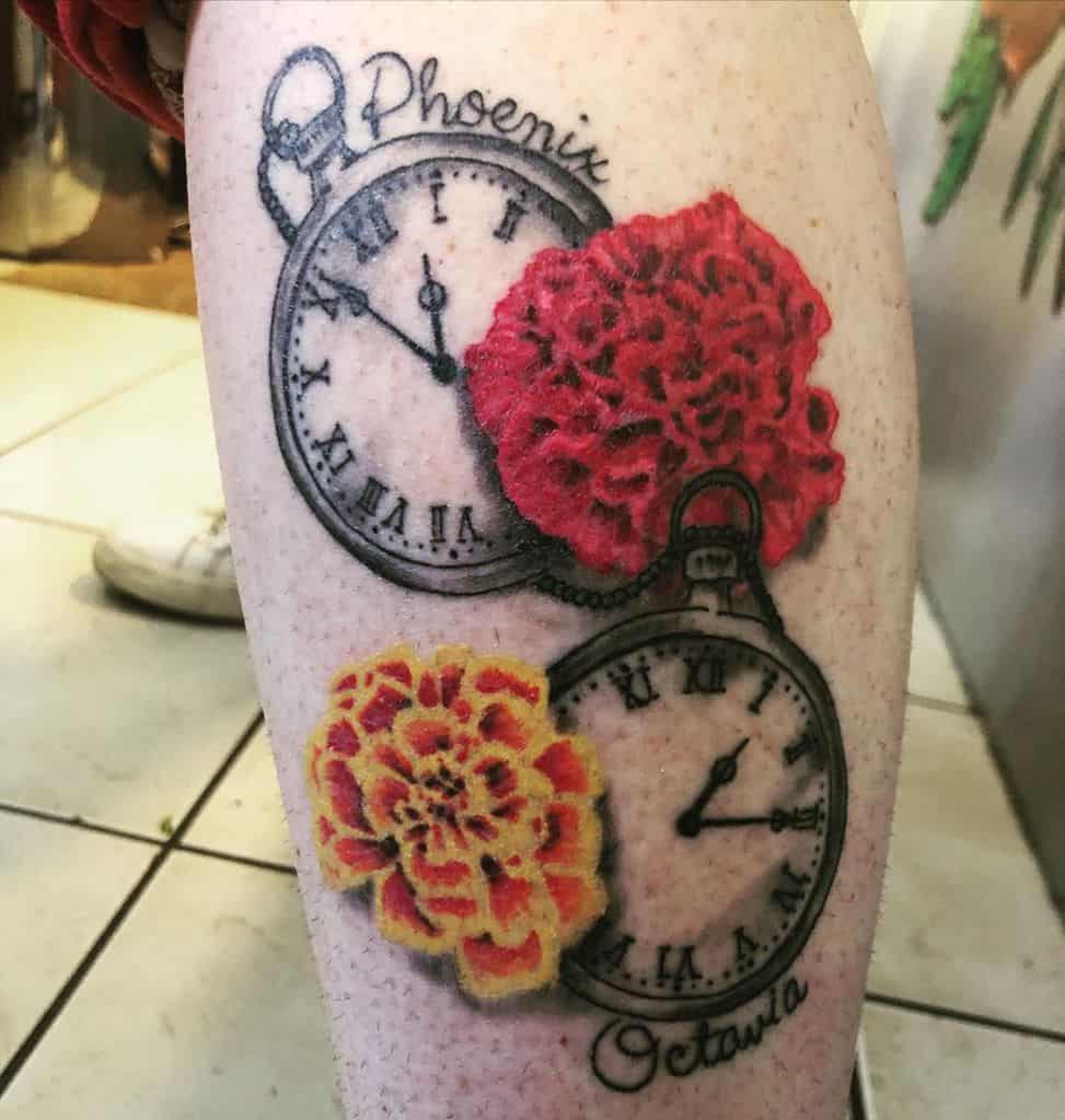 Two pocket watches with Roman numerals, each adorned with a vibrant marigold flower in red and yellow, featuring names Phoenix and Octavia