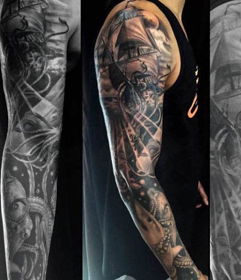 Marine Themed Mens Tattoos With Squid Ship And Shack Full Sleeve Ideas