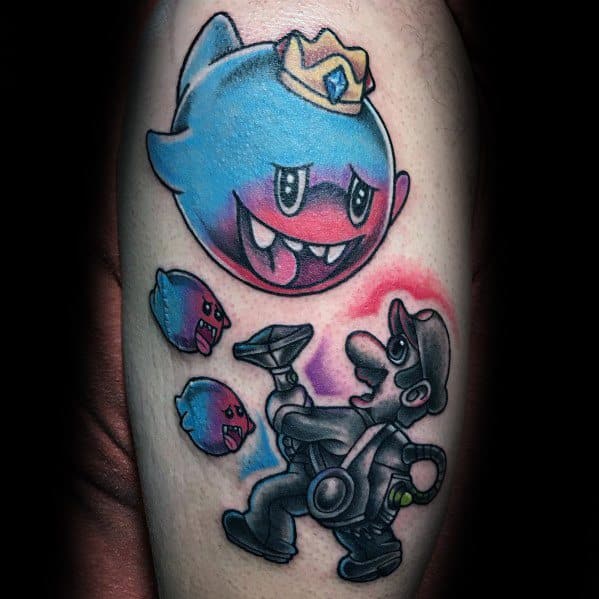 Mario ghost tattoo featuring King Boo with a crown, glowing blue and pink hues, facing Luigi with a Poltergust, inked in bold colors and shading.