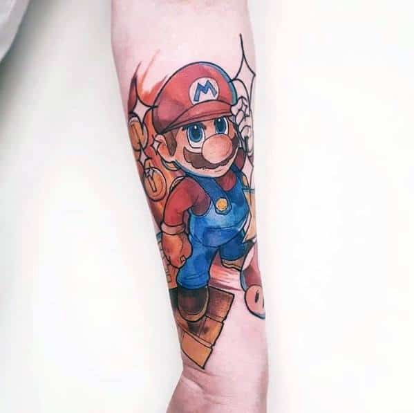 Realistic *Super Mario* tattoo with detailed shading and vibrant colors, featuring Mario standing confidently with dynamic background elements.