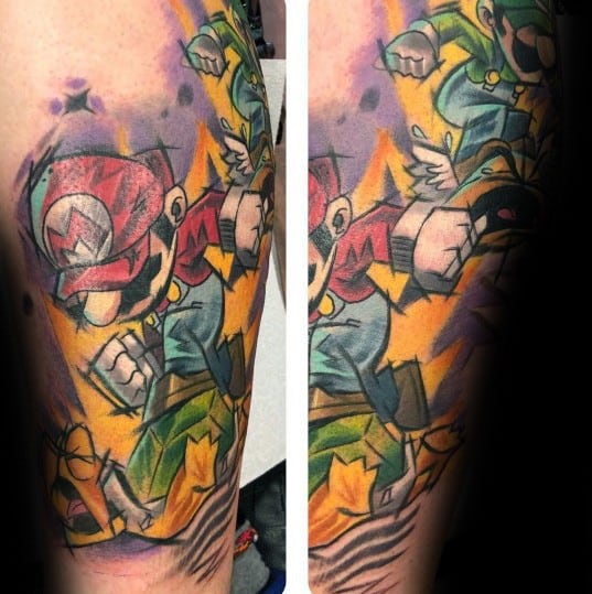 Dynamic *Super Mario* tattoo with bold colors and action-packed motion, featuring Mario and Luigi in a high-energy battle scene with explosive effects.
