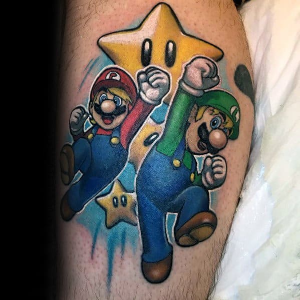 Vibrant *Mario & Luigi* tattoo featuring the duo jumping with a Super Star, dynamic shading, and bold colors for a classic gaming-inspired design.