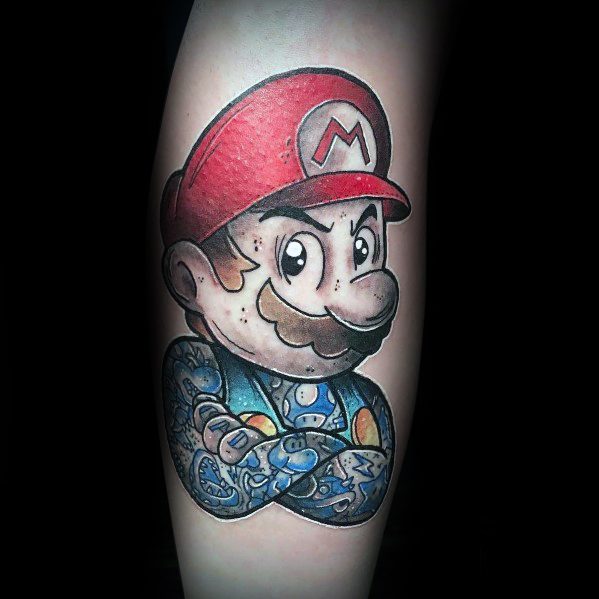 Unique *Super Mario* tattoo featuring Mario with crossed arms and tattooed sleeves, blending classic gaming with a modern, edgy twist.