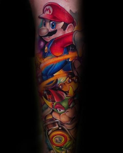 Vibrant Mario and Bowser tattoo sleeve featuring dynamic colors, glowing effects, and intense shading for a striking and action-packed design.