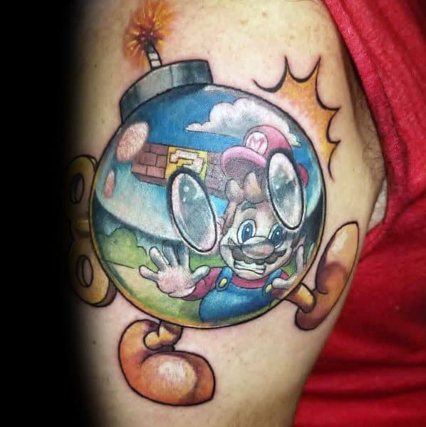 Unique *Super Mario* tattoo featuring Mario trapped inside a reflective Bob-omb, with bold colors and dynamic shading for a creative gaming design.