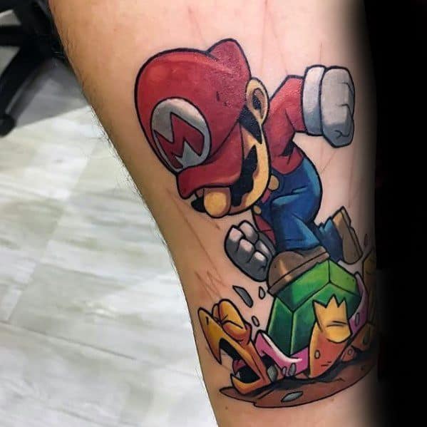 Mario With Turtle Leg Gamer Tattoo Designs For Men