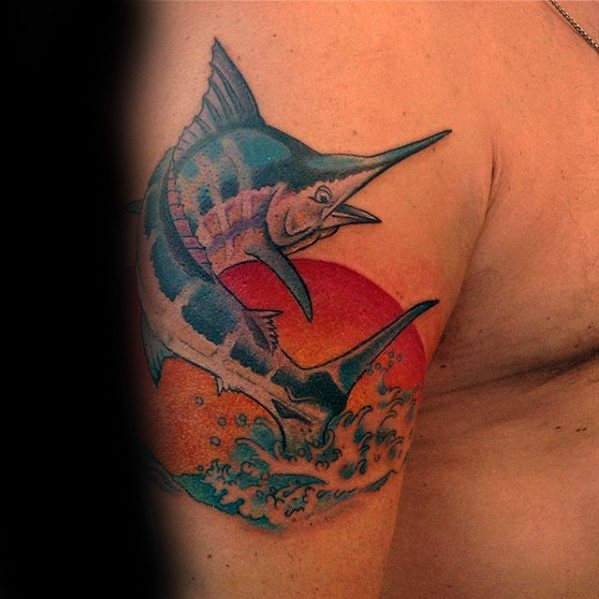 Marlin Fish With Sun And Water Upper Arm Tattoos Men