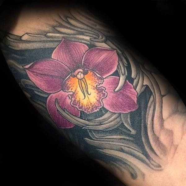 Maroon Orchid Mens Inner Arm Flower Tattoo Designs