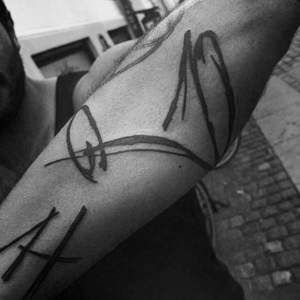 Minimalist martini glass tattoo with abstract, sketch-like lines. A unique and artistic design with a raw, hand-drawn aesthetic on the forearm.