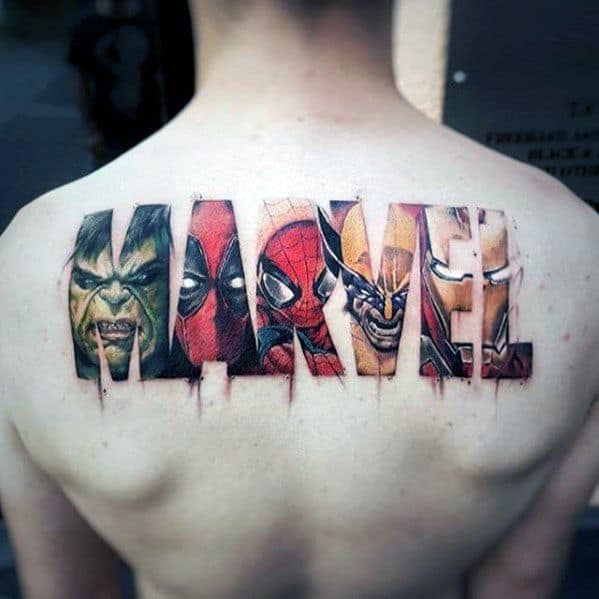Marvel Logo Awesome Back Tattoo Designs For Guys