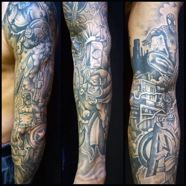 Marvel Themed Mens Captain America Full Sleeve Tattoo Designs