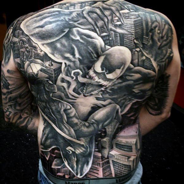 Marvellous Grey Spiderman Tattoo Male Back