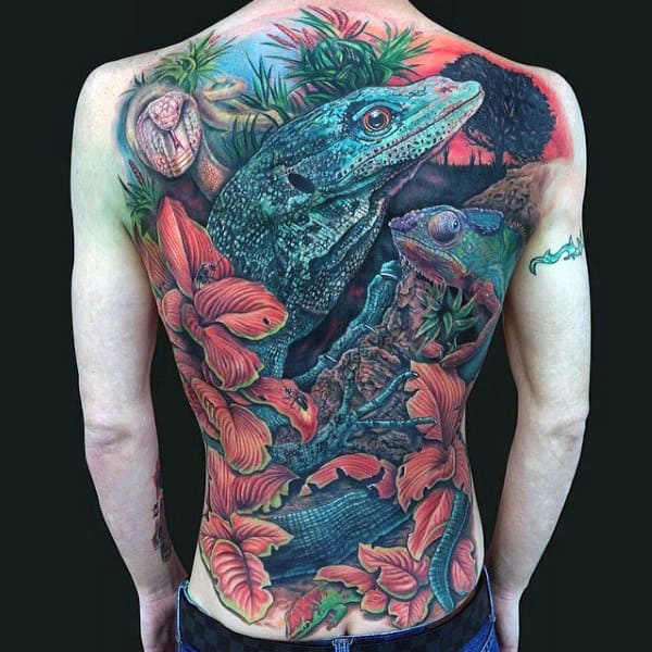 Marvellous Lizard Tattoo On Full Back For Men