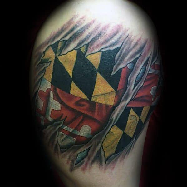 Maryland flag tattoo on the upper arm with a torn skin effect, creating a bold 3D illusion of the flag beneath the surface.