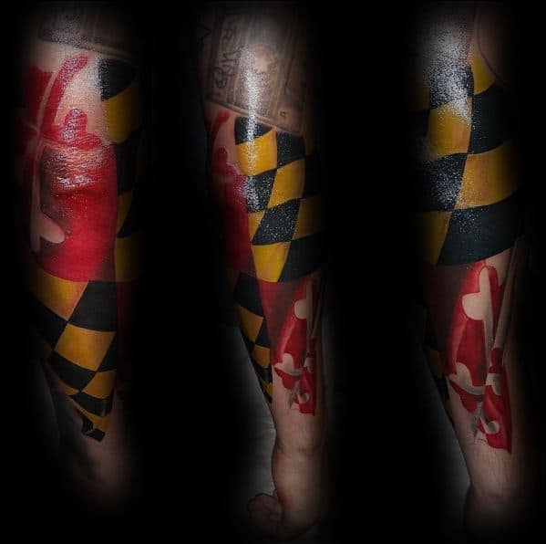 Full sleeve Maryland flag tattoo with bold colors and smooth shading, wrapping around the arm for a striking and seamless design.