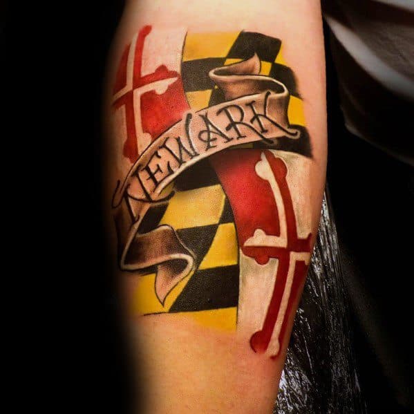 Maryland flag tattoo with a banner reading "Newark," featuring bold colors and shading for a personalized and vibrant design.
