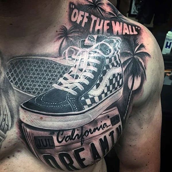 Masculine 3d California Vans Shoes Tattoo On Chest