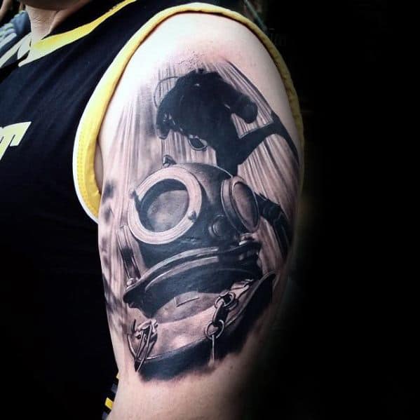Masculine 3d Realistic Diving Helmet Arm Tattoos For Men