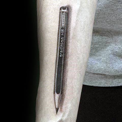 Tattoo of a meticulously detailed pencil etched onto a person's forearm